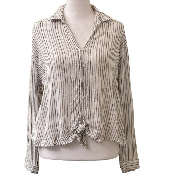 Hippie Rose White Brown Striped Tie Front Long Sleeve Blouse Shirt Size Large - Picture 1 of 10